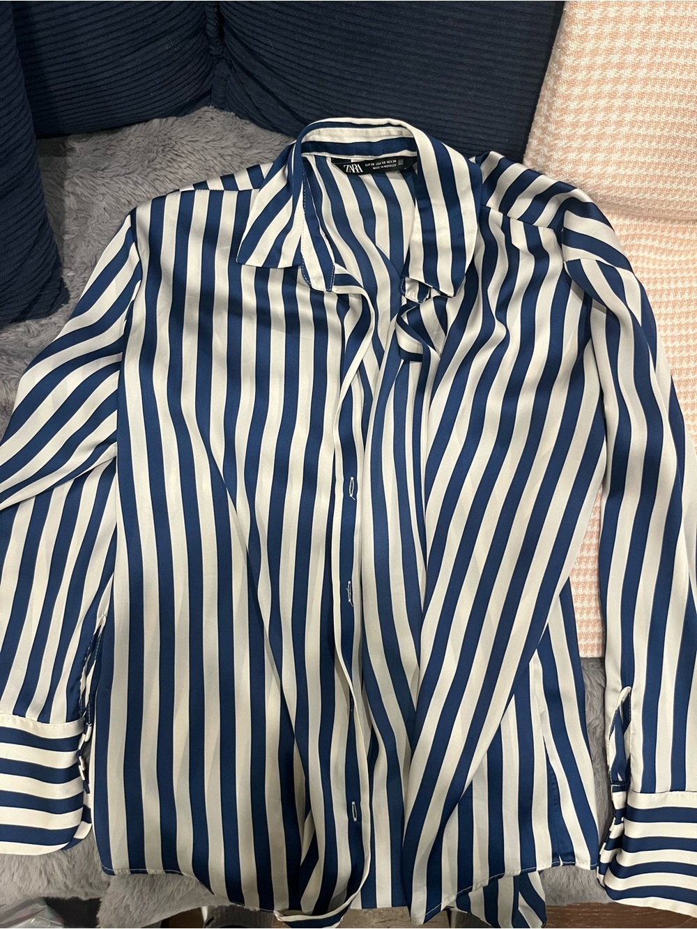 Zara Navy and White Vertical Stripe Button-Down Shirt